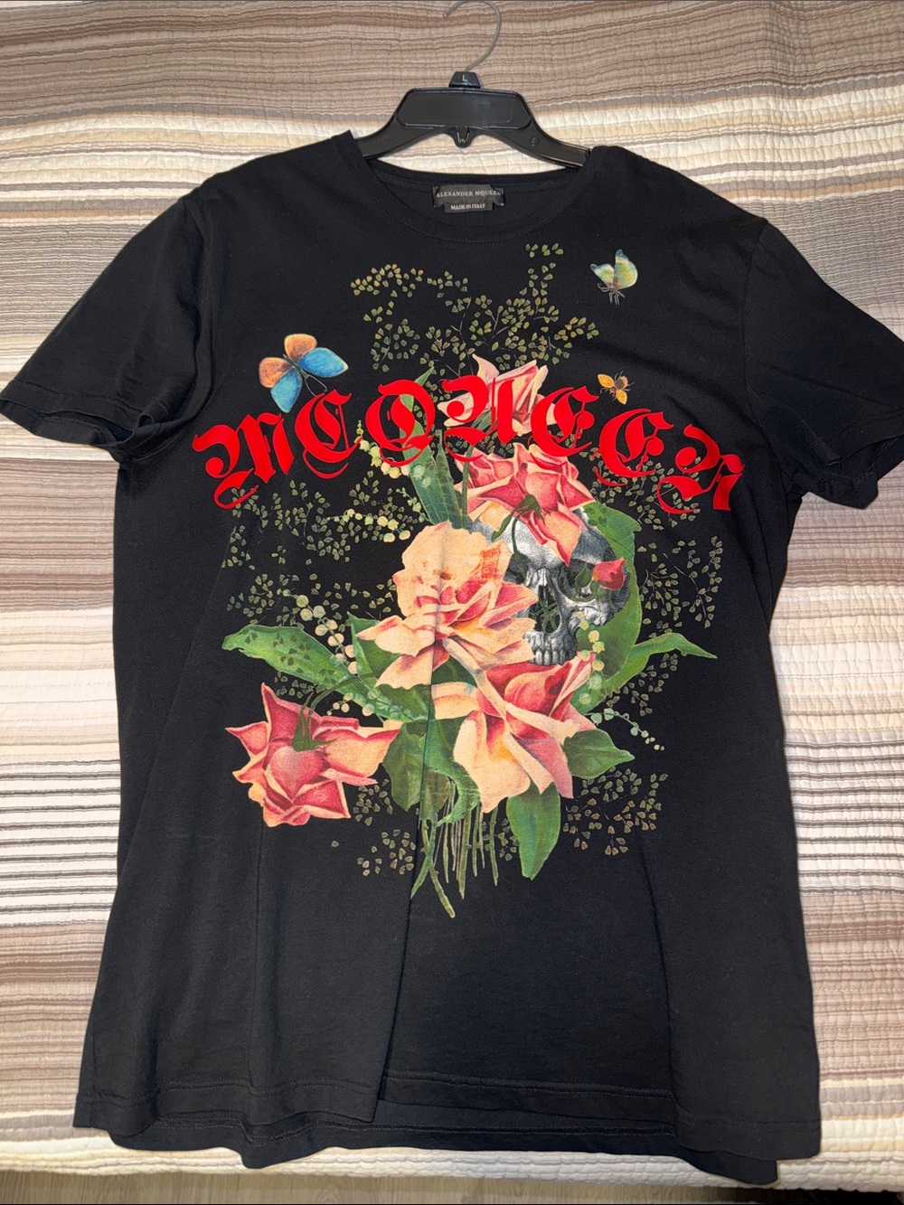 Alexander McQueen Black Tee with Red Logo and Multicolor Floral Skull